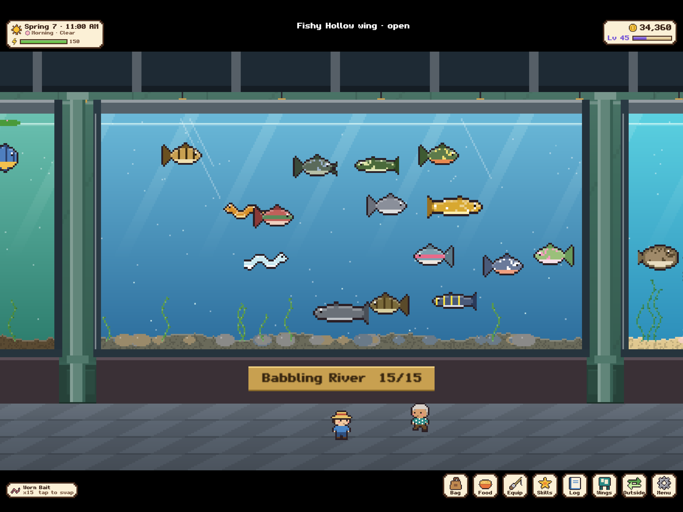 Inside the Port Lumen Aquarium: a big tank of river fish behind glass, with a brass plaque reading Babbling River 15/15
