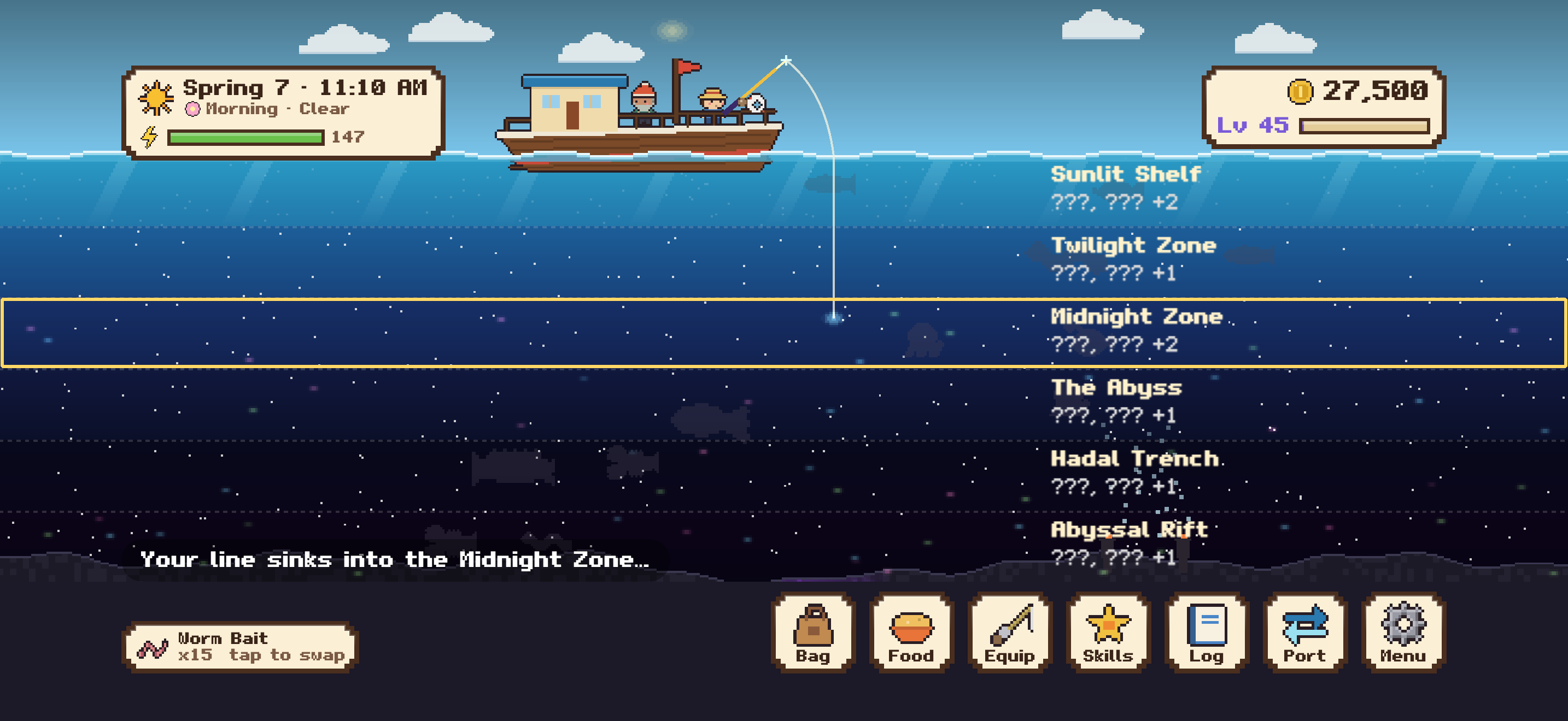 A deep-sea trip: the line sinks past the depth bands below the boat, from the Sunlit Shelf to the Abyssal Rift