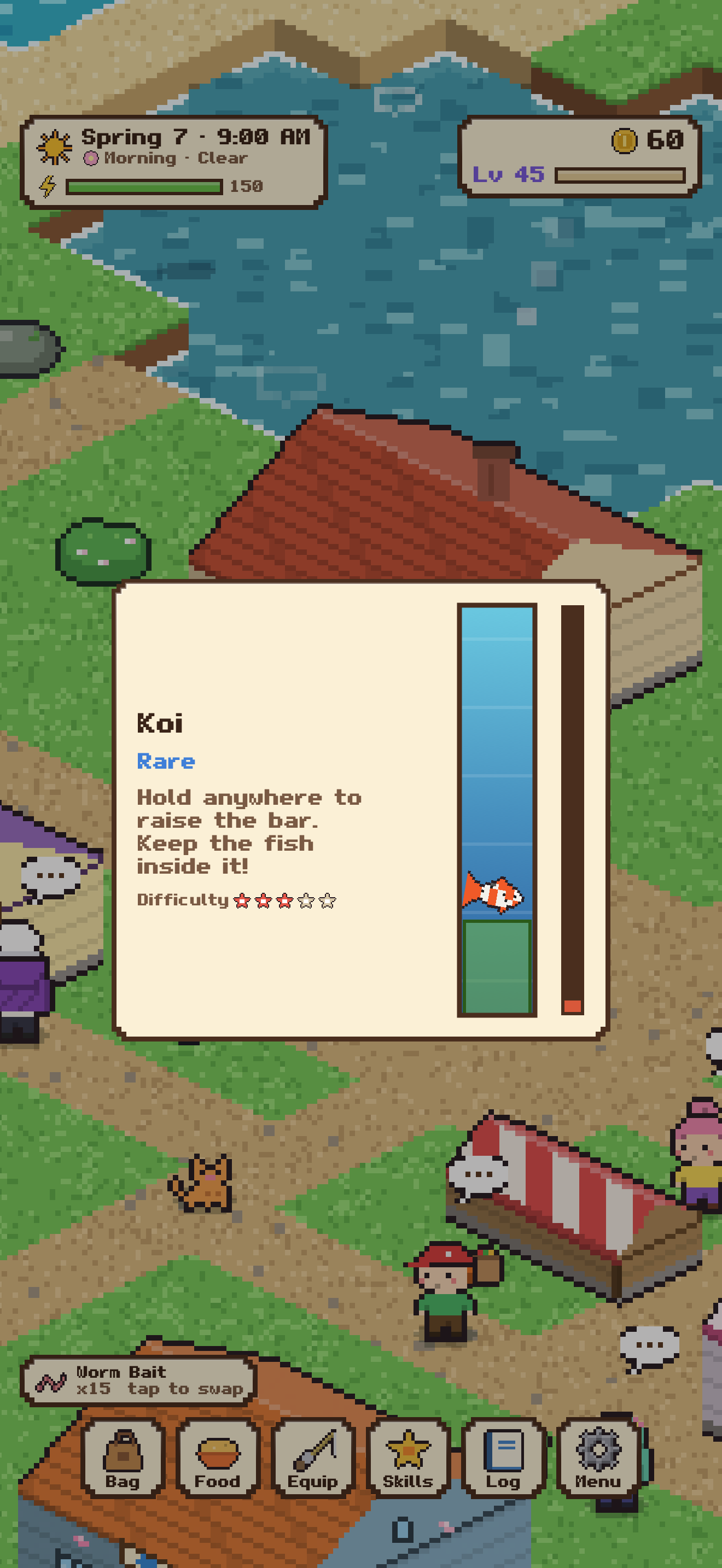Reeling in a koi: hold to raise the green bar and keep the fish inside it