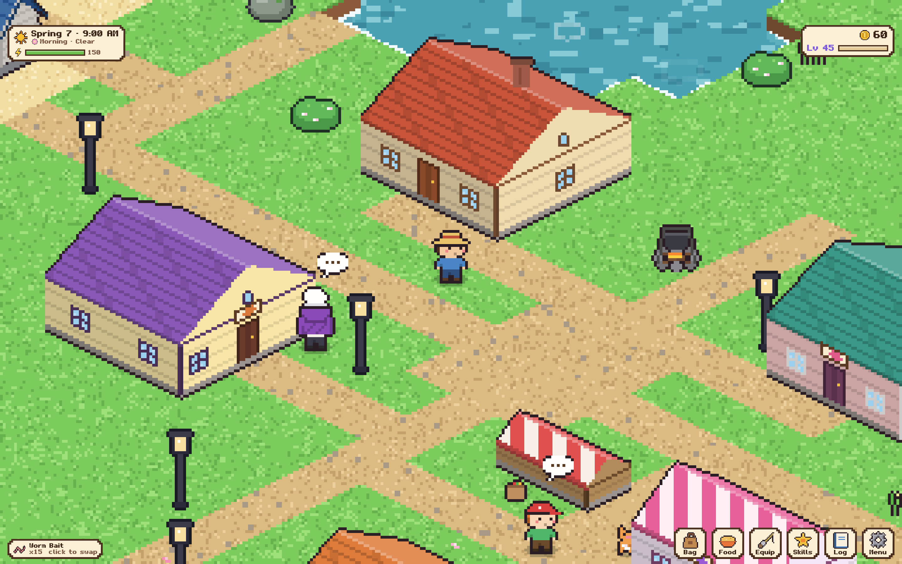 Fishy Hollow's village on a spring morning, with cottages, lamp posts and villagers