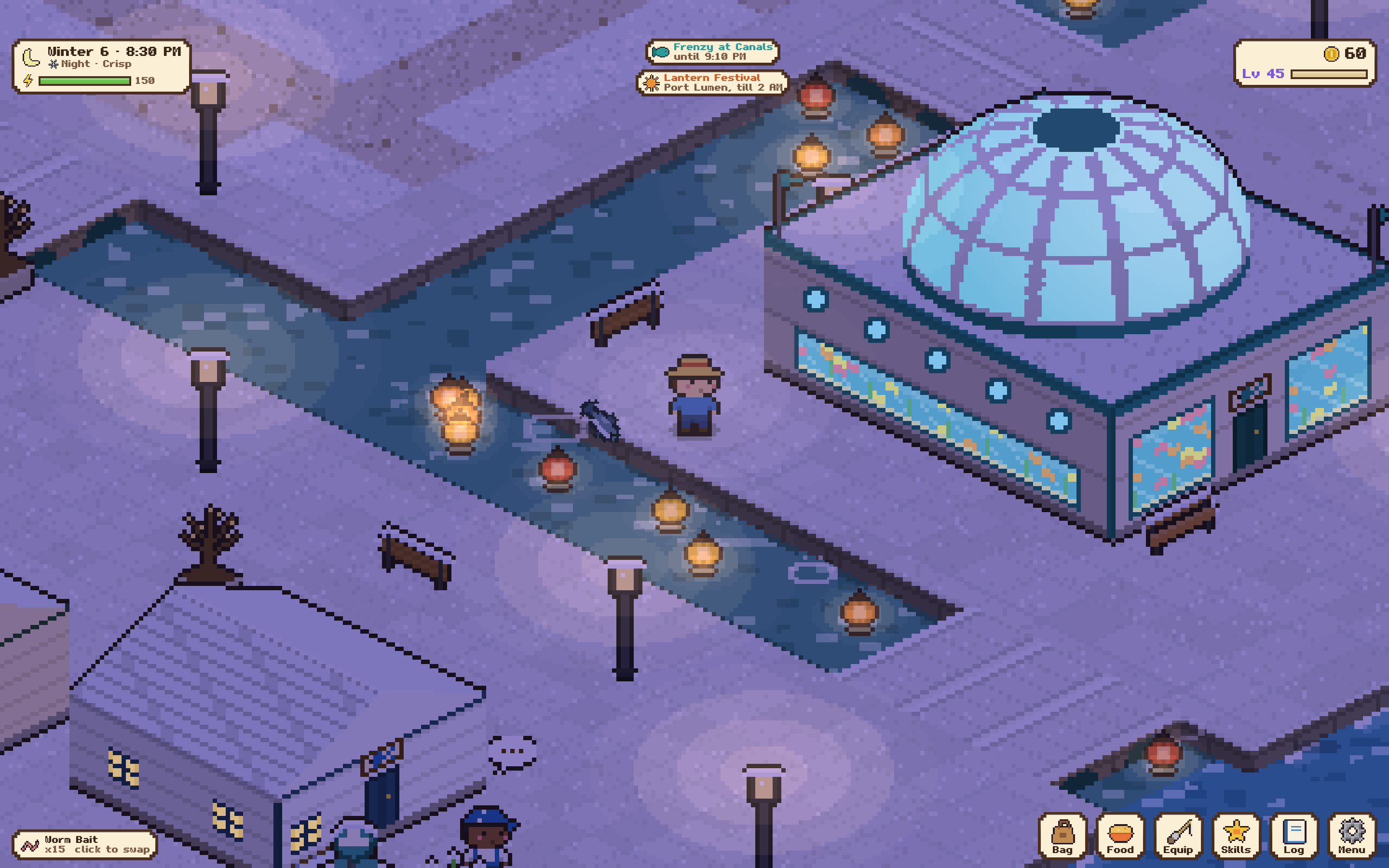 Paper lanterns drifting down Port Lumen's canals at night beside the aquarium's glass dome